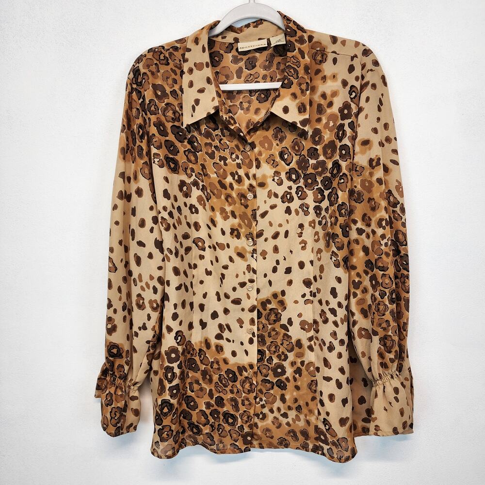 Vintage Apostrophe Watercolor Blouse Size 24W Brown Semi Sheer Ruffle Sleeve